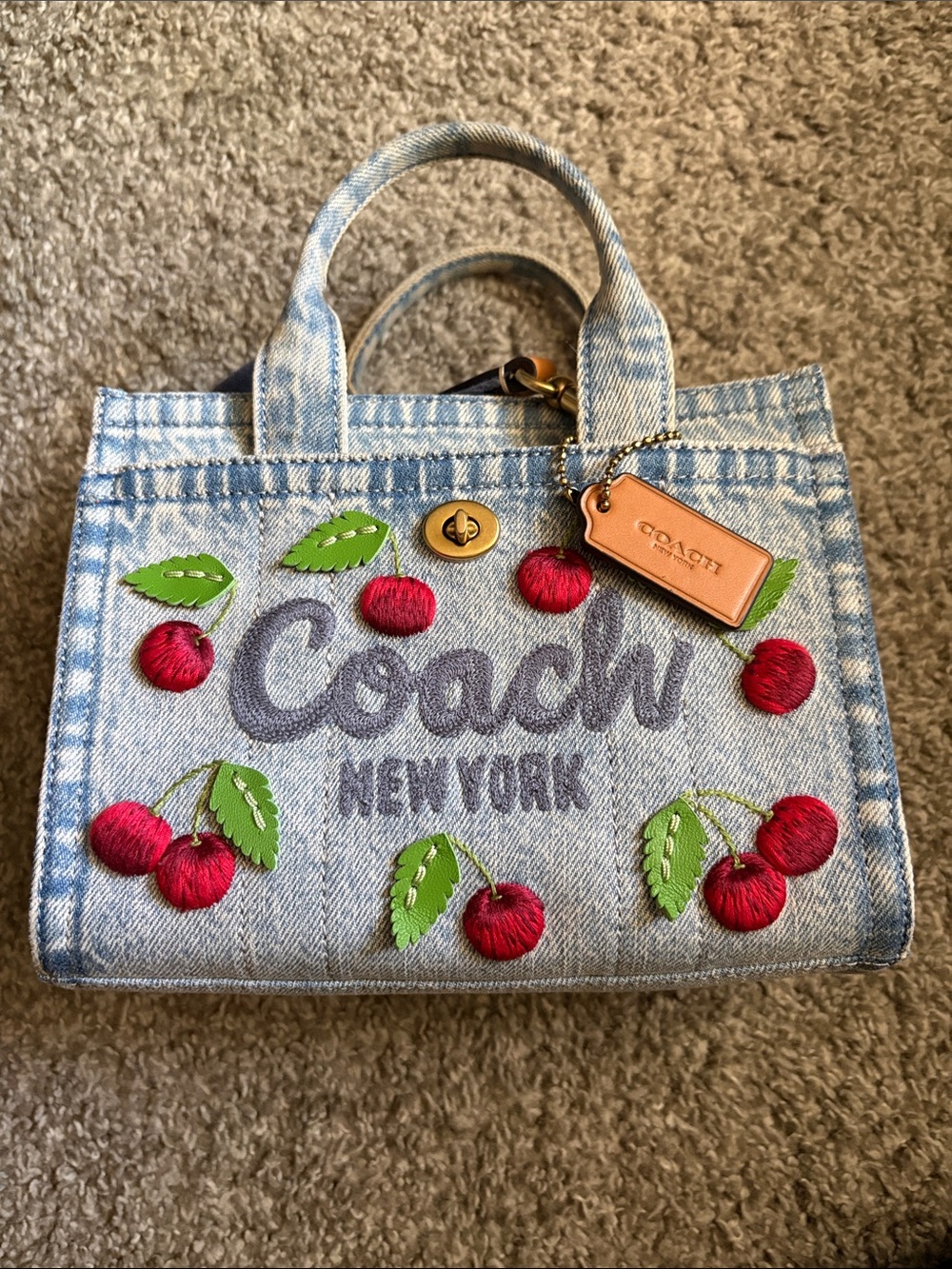 Coach Denim Cherry Embroidered Cargo Tote